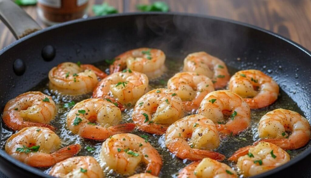 Sautéing garlic shrimp in a pan for a grilled cheese sandwich.