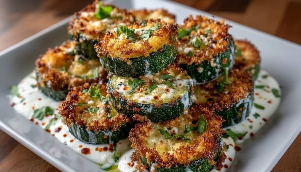 Crispy Parmesan Zucchini with Garlic Yogurt Sauce & Honey