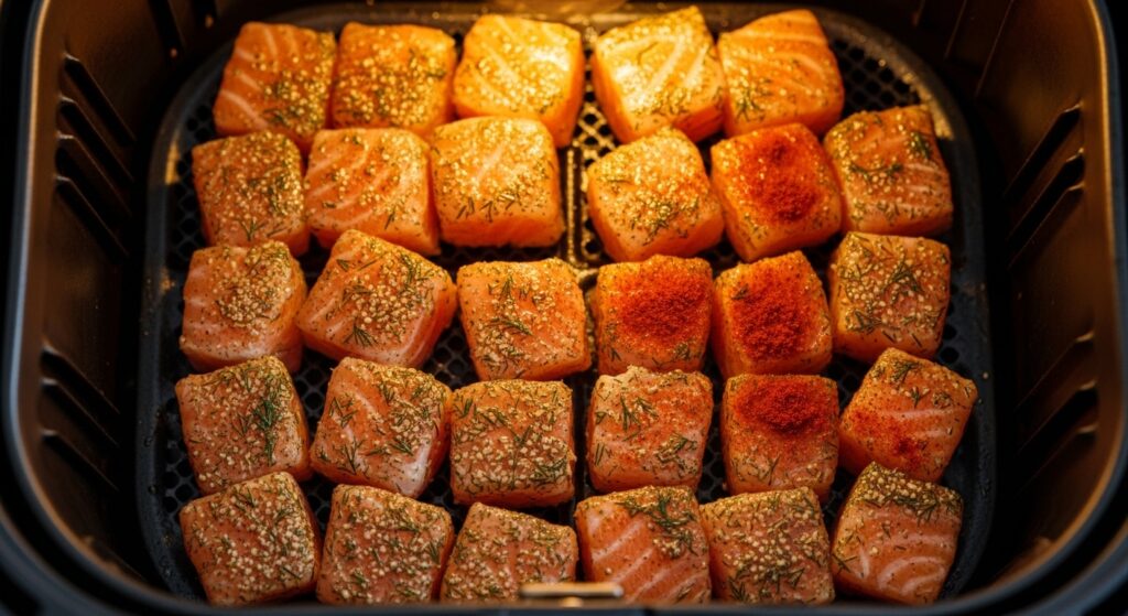 Salmon bites cooking inside an air fryer basket.