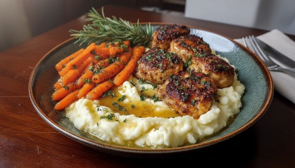 Golden Garlic Herb Chicken on a platter with lemon slices and fresh herbs.