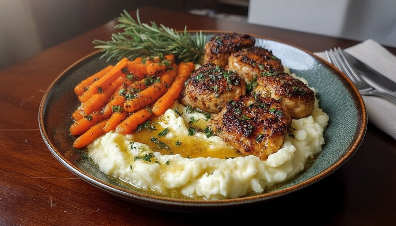 Golden Garlic Herb Chicken on a platter with lemon slices and fresh herbs.