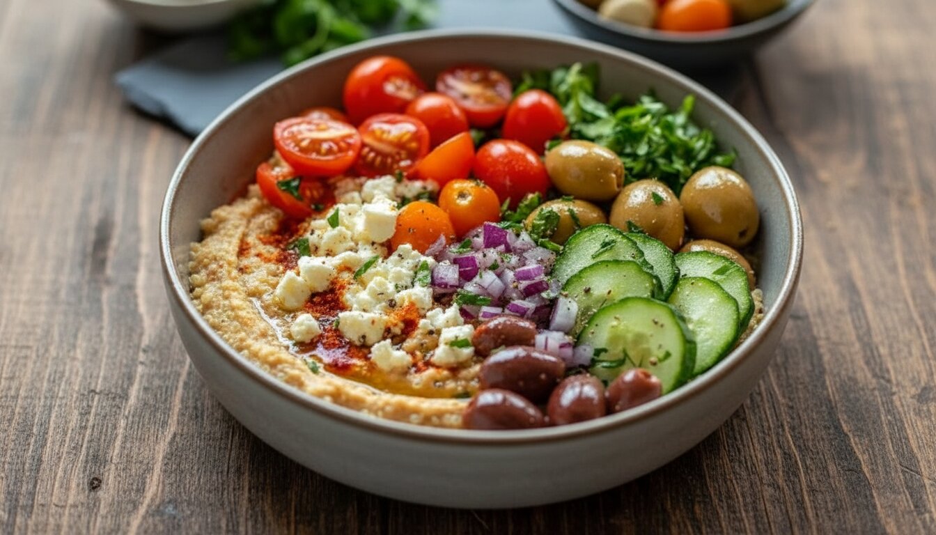 Overhead view of a Mediterranean hummus bowl recipe with fresh vegetables and quinoa.