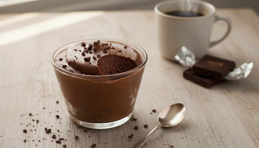 Creamy cottage cheese chocolate mousse in a glass bowl with a raspberry garnish.