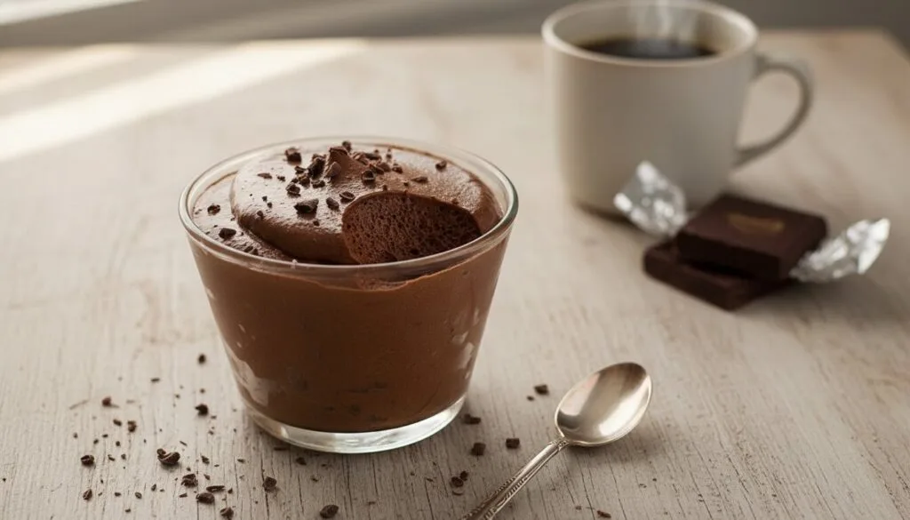 Creamy cottage cheese chocolate mousse in a glass bowl with a raspberry garnish.