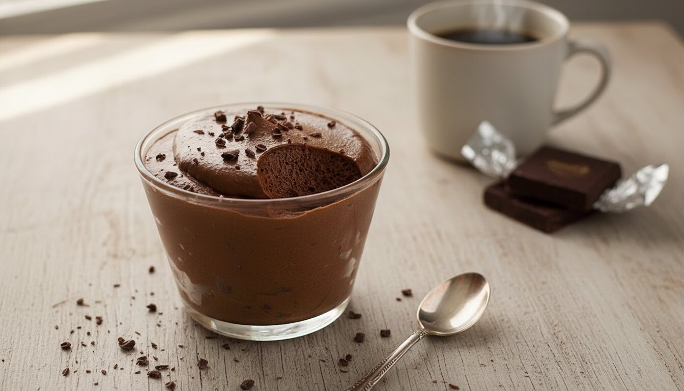 Creamy cottage cheese chocolate mousse in a glass bowl with a raspberry garnish.