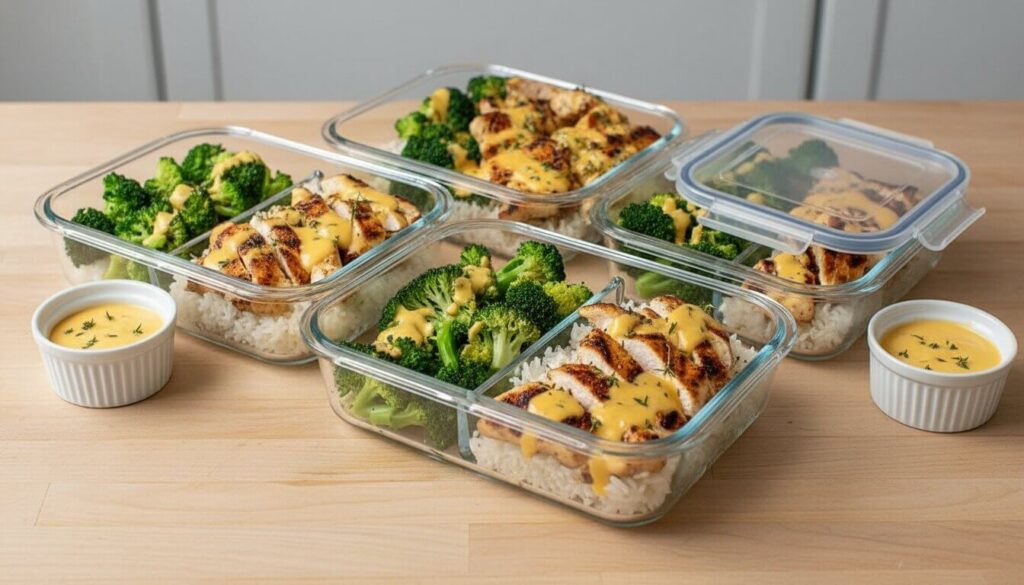 Healthy meal prep containers with chicken, rice, and broccoli.
