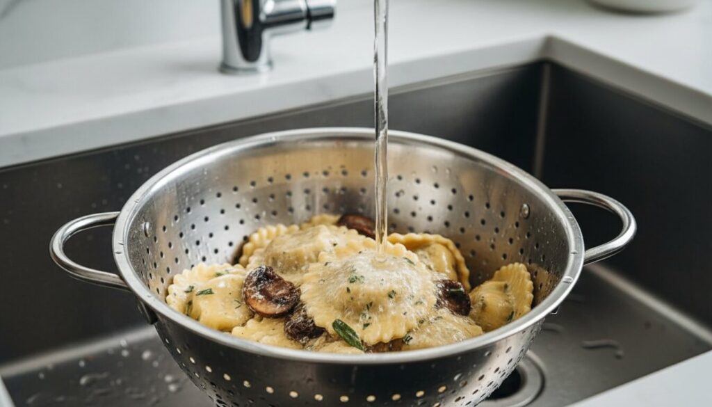 Rinsing cooked ravioli with cold water to make a cold pasta salad.