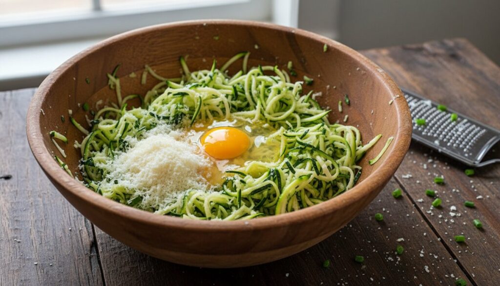 Ingredients for savory zucchini muffins in a bowl.