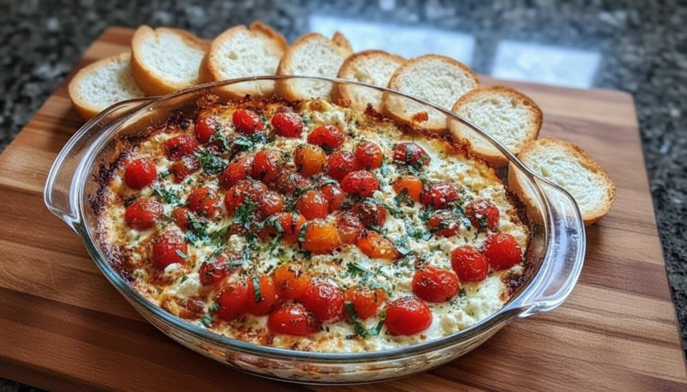 Top-down view of a creamy three-cheese tomato bruschetta dip with fresh basil and toasted baguette slices.