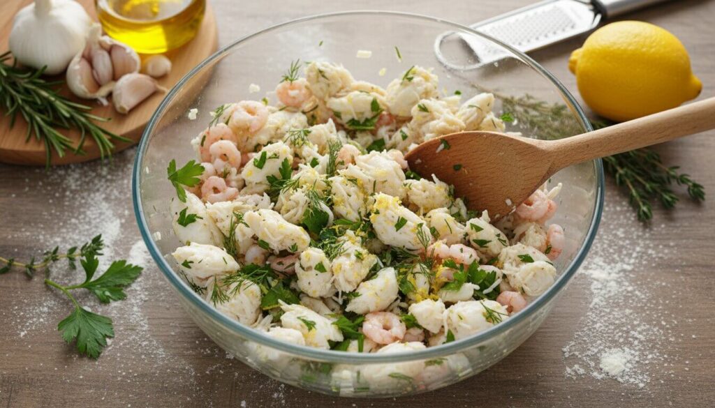 Ingredients for seafood stuffed salmon being mixed in a glass bowl.