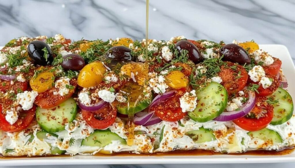 Close-up of hot honey drizzling over a Greek feta appetizer board.
