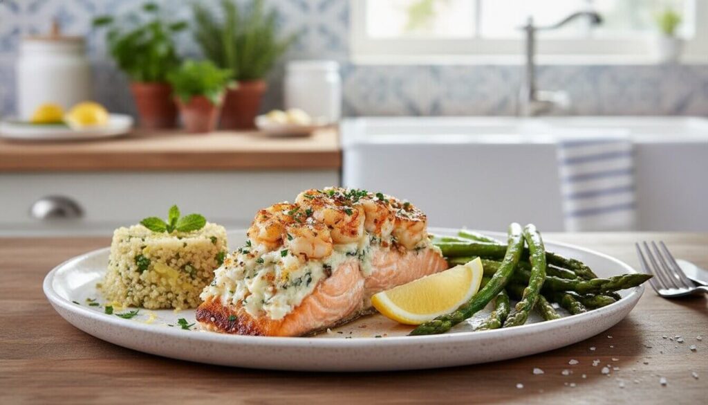 Stuffed salmon served with roasted asparagus and quinoa.