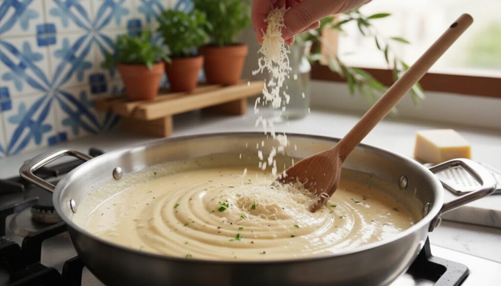 Whisking Parmesan cheese into a creamy garlic Alfredo sauce.