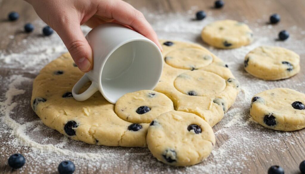 Cutting Greek Yogurt Blueberry Scone dough into circles on a floured surface.