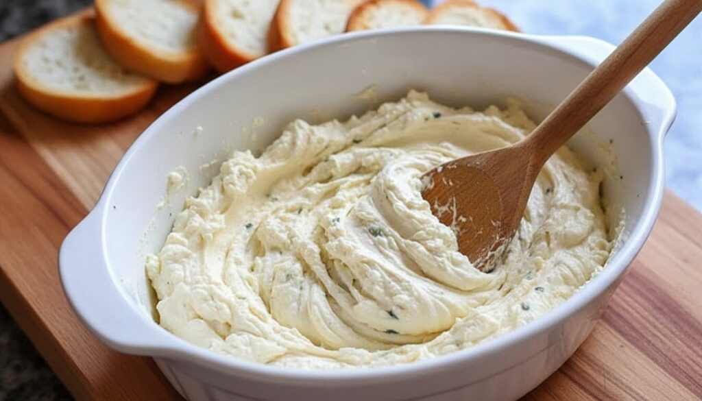 Mixing cream cheese, mozzarella, and parmesan for a cheesy bruschetta dip base.