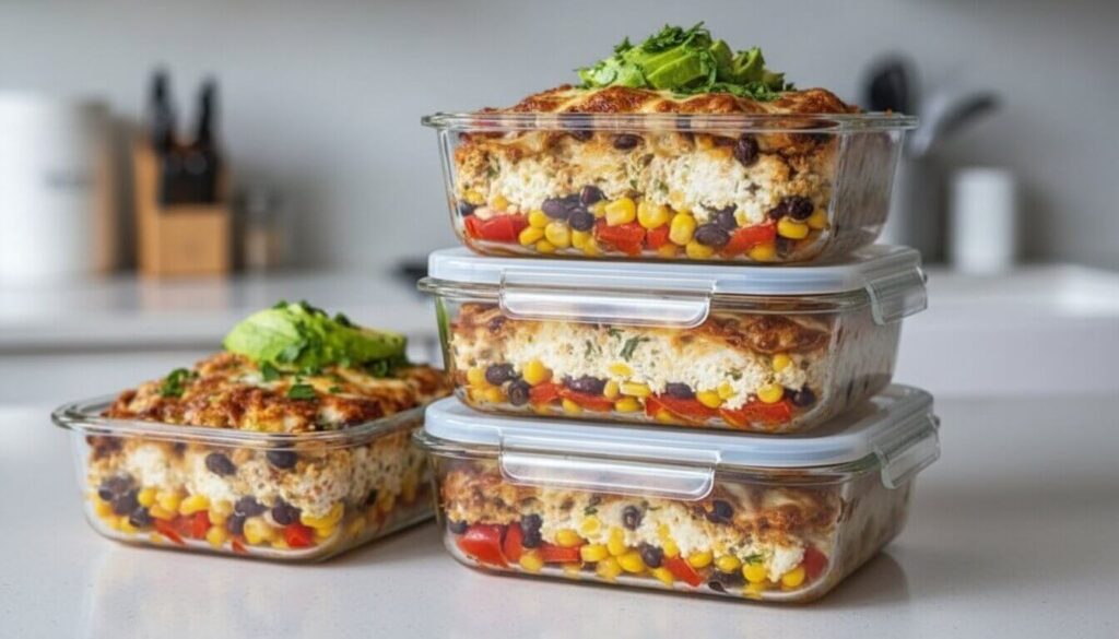 Three meal prep containers filled with Mediterranean chicken and cottage cheese bowls.