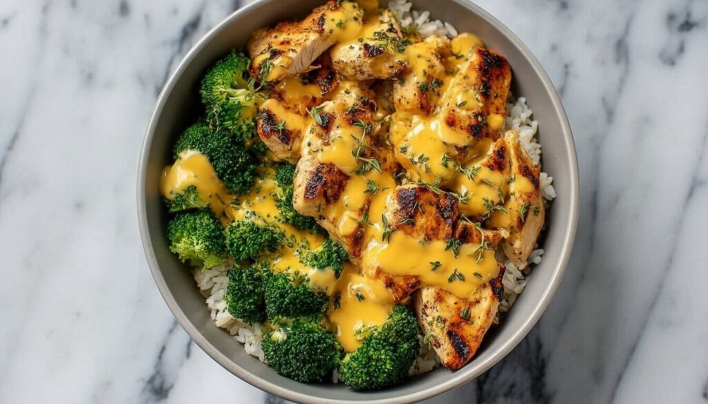 Grilled chicken rice bowl with cheddar cheese sauce and broccoli.