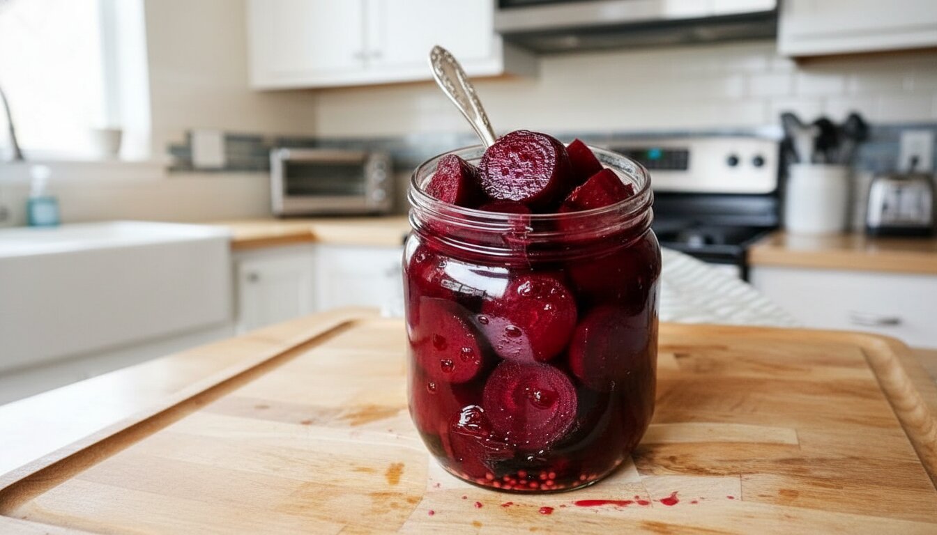 A glass jar of refrigerator pickled beets in a bright Mediterranean kitchen.