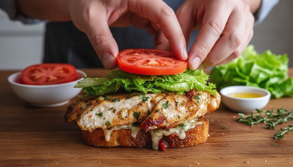 Step-by-step assembly of a Mediterranean grilled chicken sandwich.