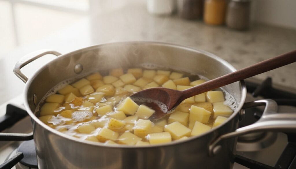 Boiling waxy potatoes for a simple Greek potato salad recipe.