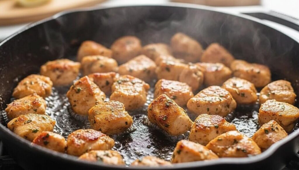 Searing chicken bites in a skillet to achieve a golden brown crust.