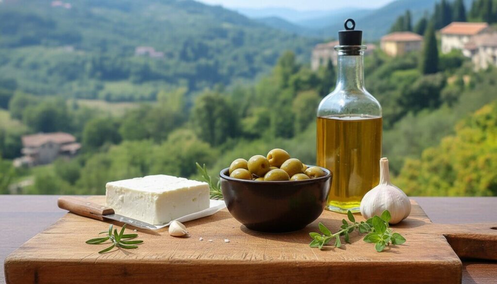 Ingredients for green olive and feta cheese dip recipe.
