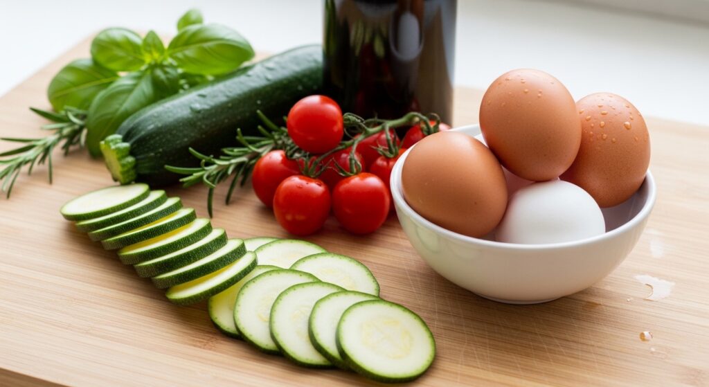 Fresh ingredients for a Mediterranean vegetable frittata.
