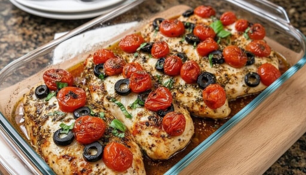 Mediterranean baked chicken with tomatoes and olives in a white ceramic dish.
