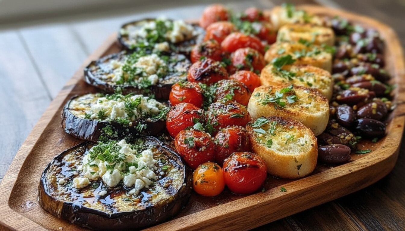 Grilled eggplant and feta tapas platter with fresh herbs and lemon.