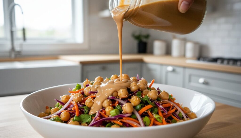 Raw ingredients for Thai chickpea salad on a wooden board.