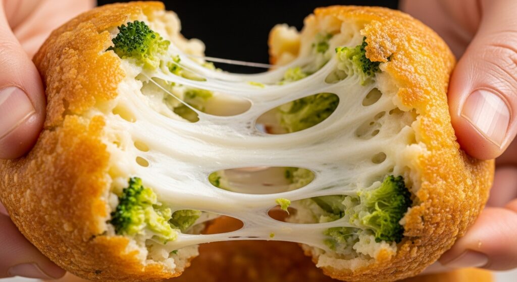 Close-up of the cheesy interior of a baked broccoli ball.