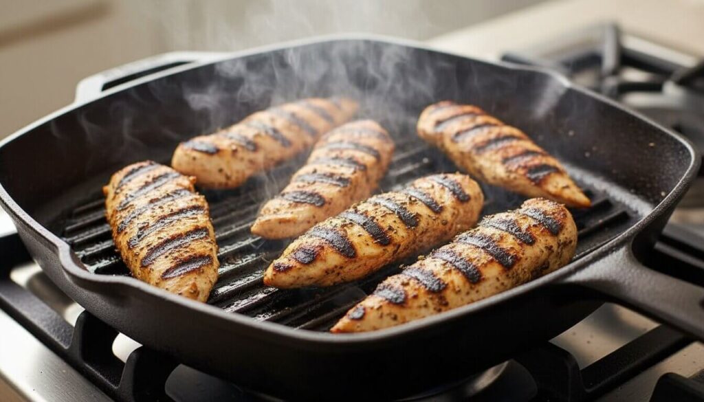 Seasoned chicken strips grilling on a pan.