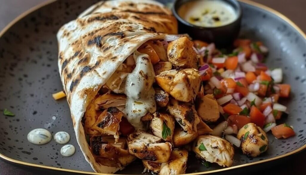 Chicken shawarma wrap filled with grilled marinated chicken, garlic sauce, and fresh vegetables.