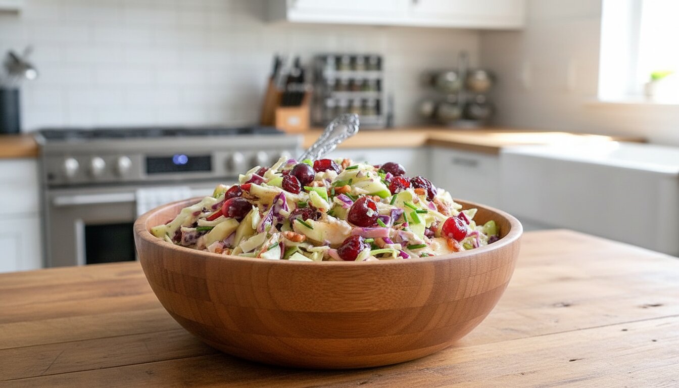 A bowl of healthy apple cranberry coleslaw recipe with yogurt dressing on a white background.