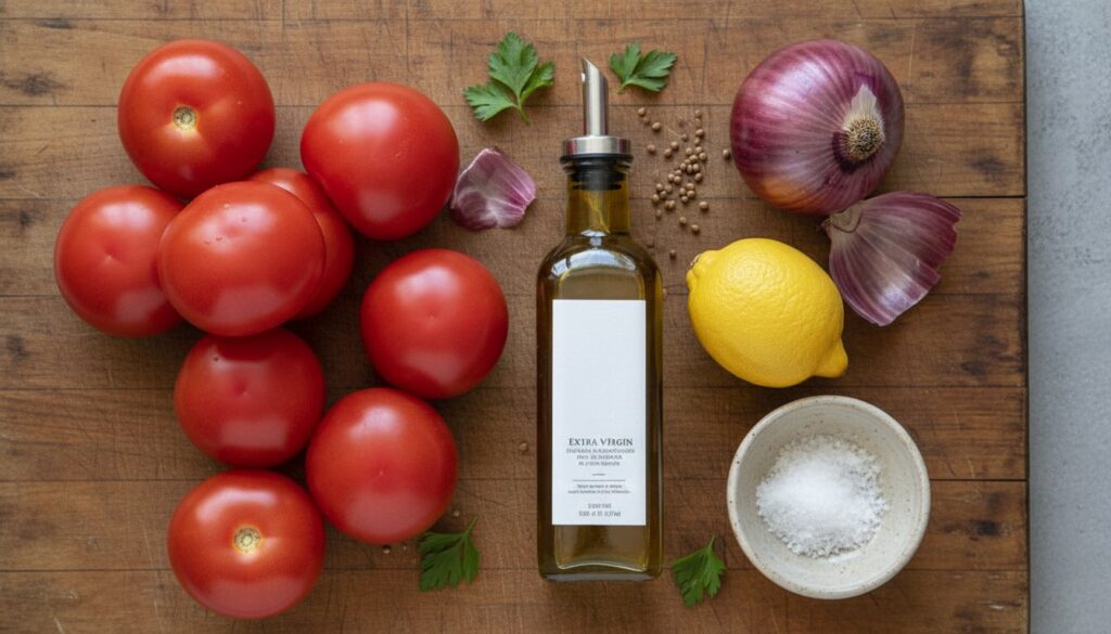 Ingredients for healthy tomato onion salad including tomatoes, onions, and olive oil.