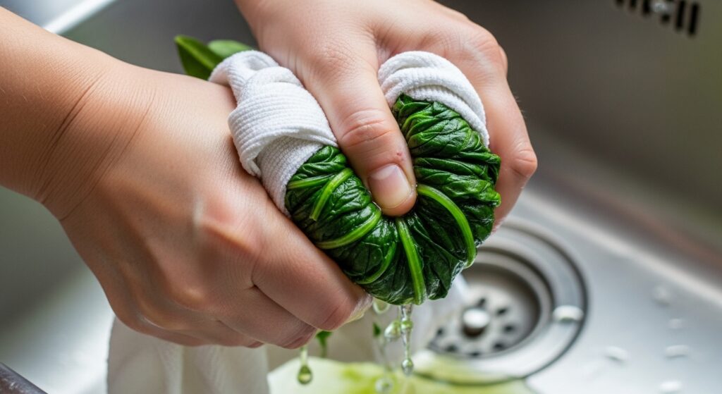 Removing excess water from cooked spinach using a kitchen towel.
