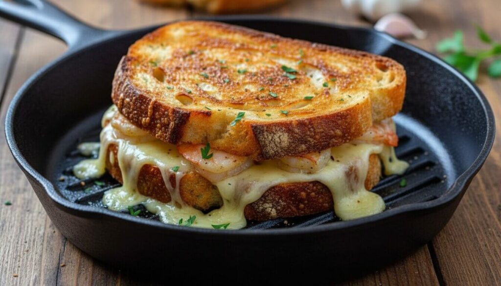 Grilling a Cheesy Garlic Bread Shrimp Grilled Cheese until golden brown.