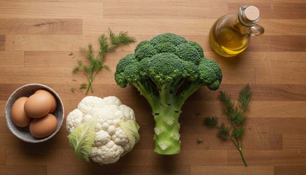 Raw ingredients for a healthy breakfast casserole including fresh vegetables and farm eggs.