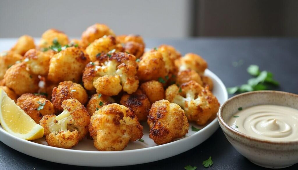 A plated serving of crispy Mediterranean roasted cauliflower with lemon and parsley.
