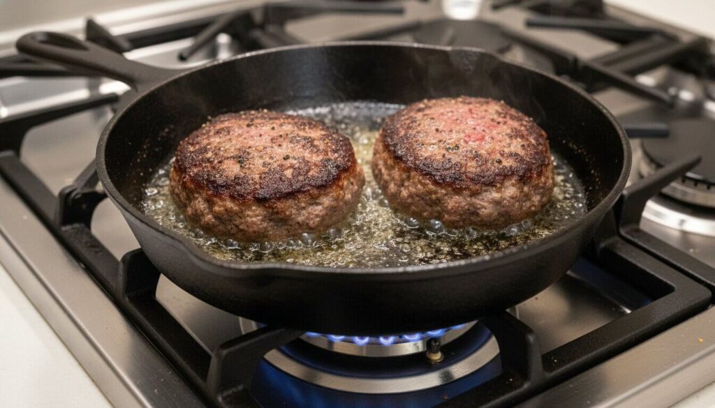 Searing lean beef patties in olive oil for Salisbury steak.