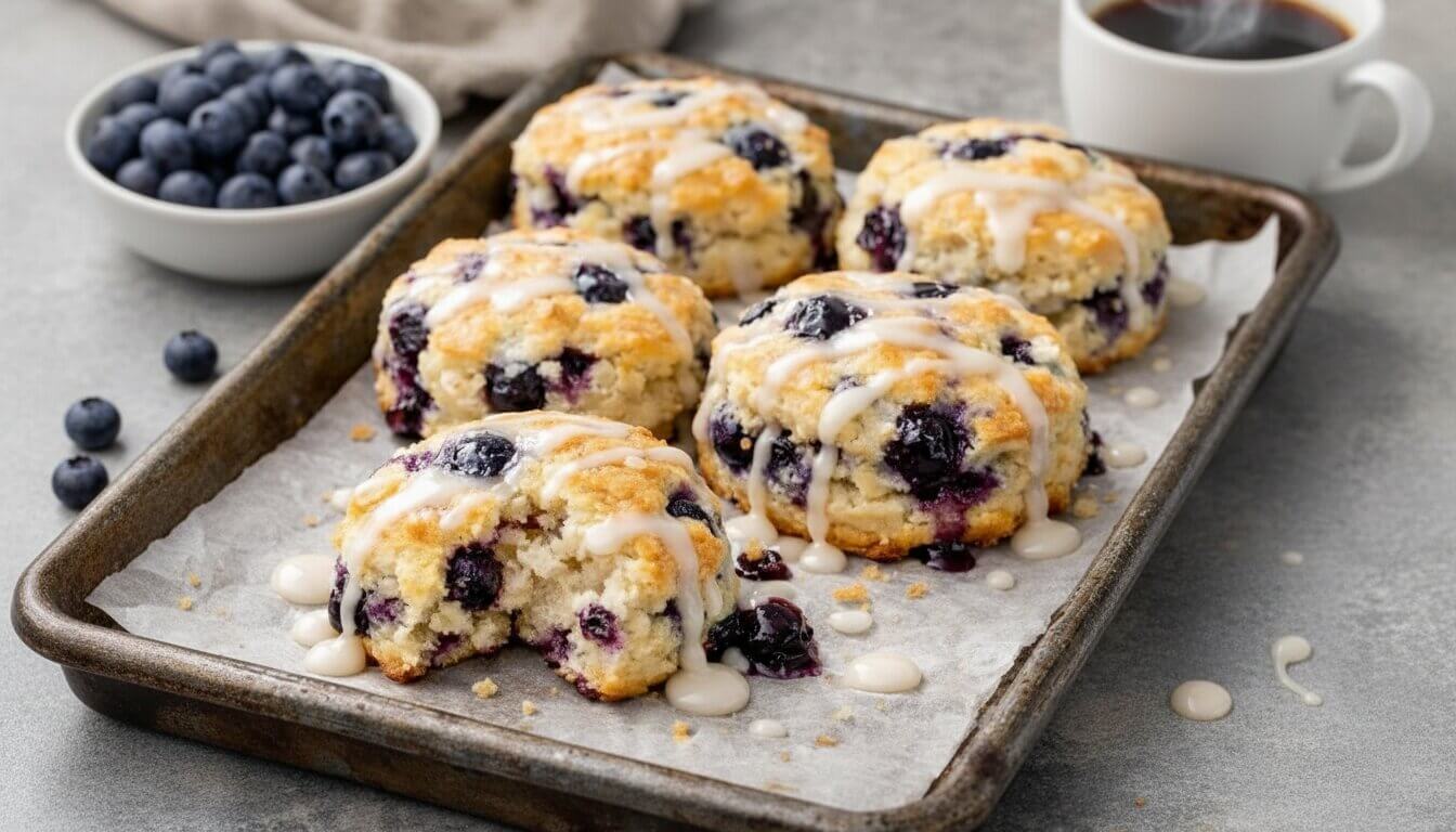 Top-down view of Greek Yogurt Blueberry Scones with honey lemon glaze.