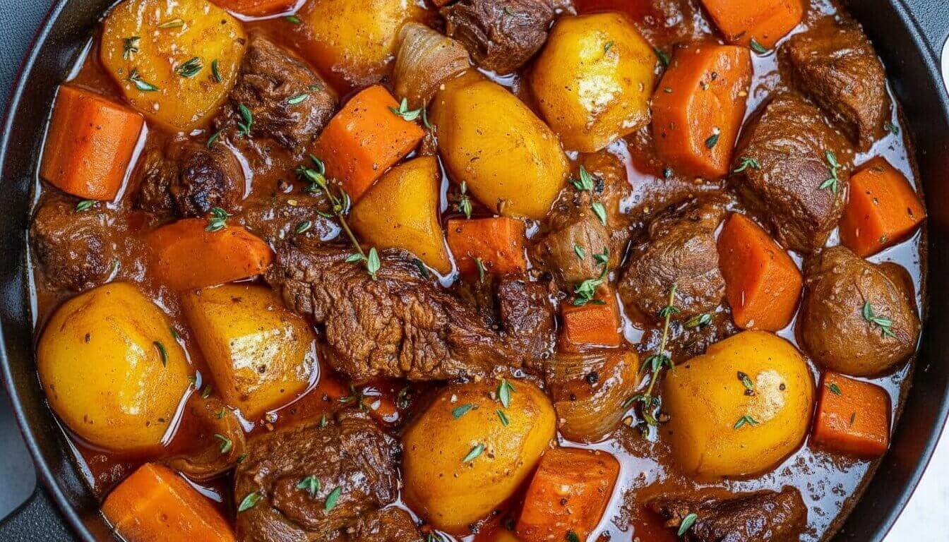 Top-down view of Classic Beef Stew in a Dutch oven with carrots and potatoes.