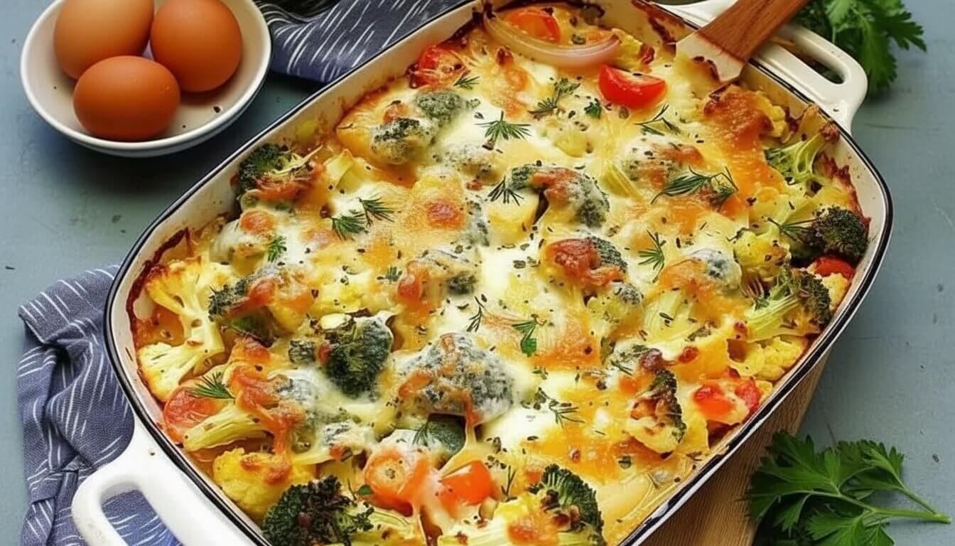 Cheesy broccoli cauliflower egg casserole baked in a dish with golden melted cheese and vegetables.