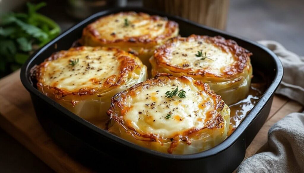Finished Cheesy Baked Cabbage Steaks served in a black pan.