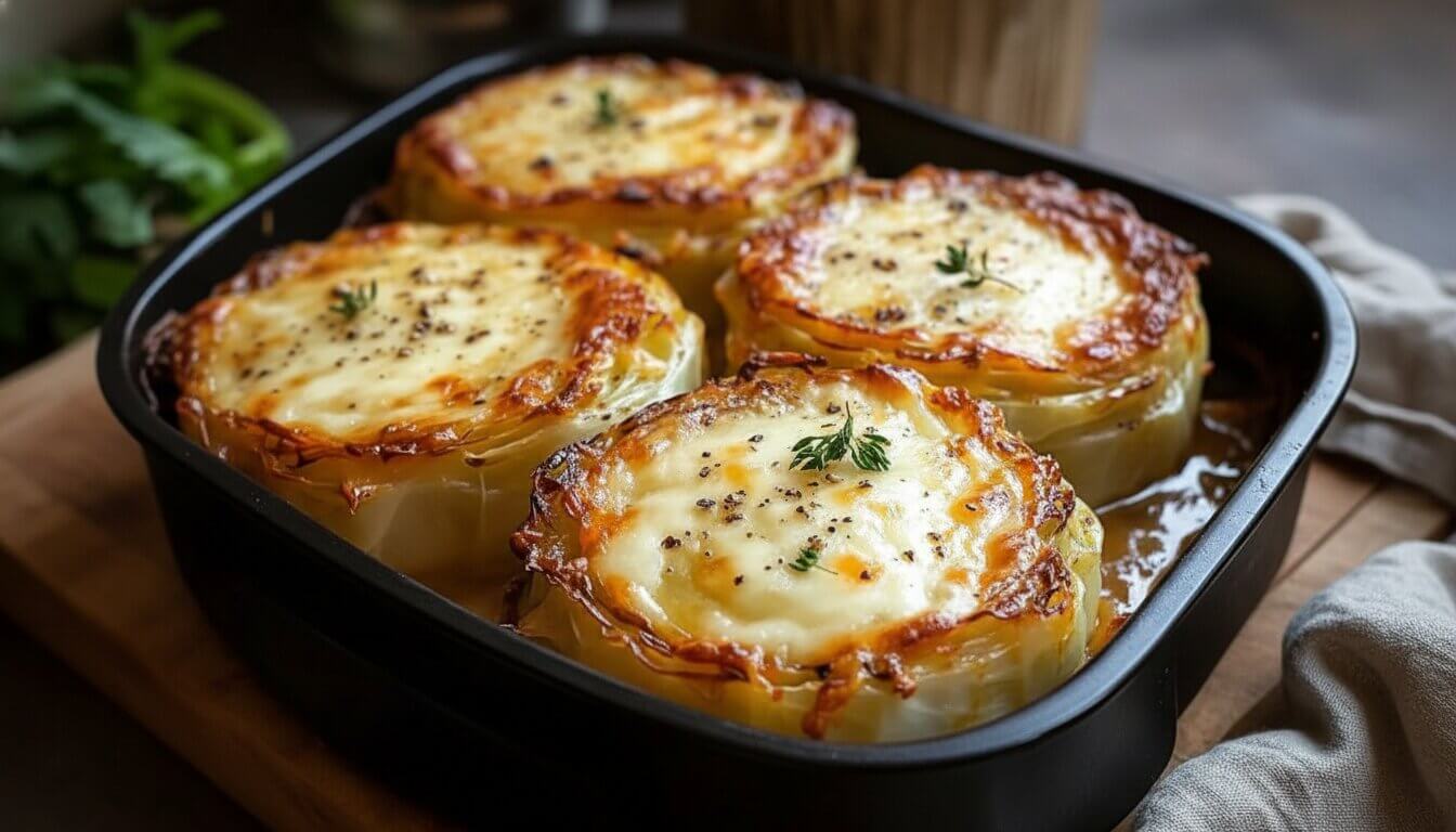Finished Cheesy Baked Cabbage Steaks served in a black pan.