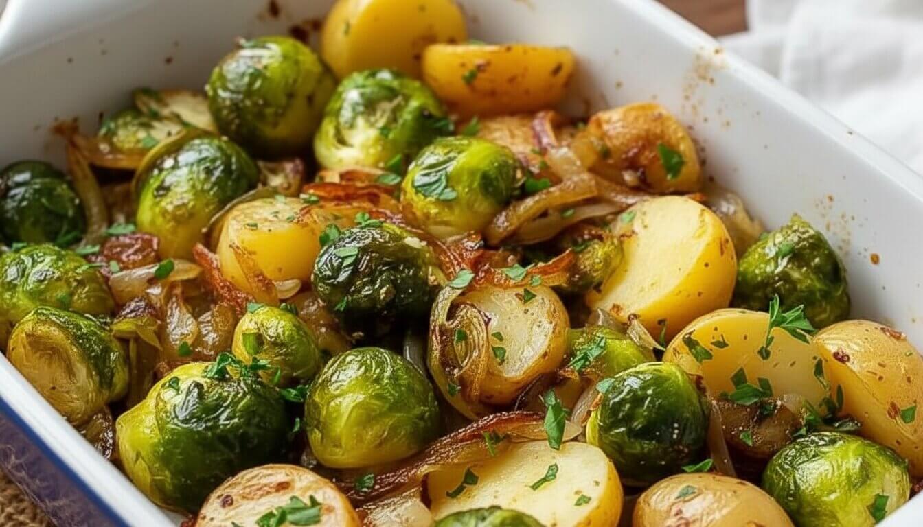 Crispy roasted Brussels sprouts and potatoes with caramelized onions in a white dish.
