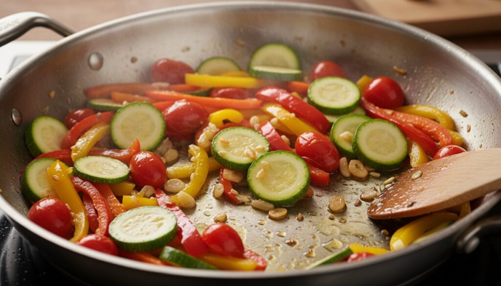 Sautéing fresh vegetables in olive oil for Mediterranean pasta.