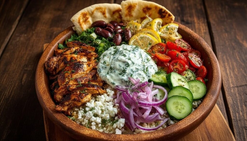 Authentic Greek chicken souvlaki skewers on a platter with lemon and tzatziki.