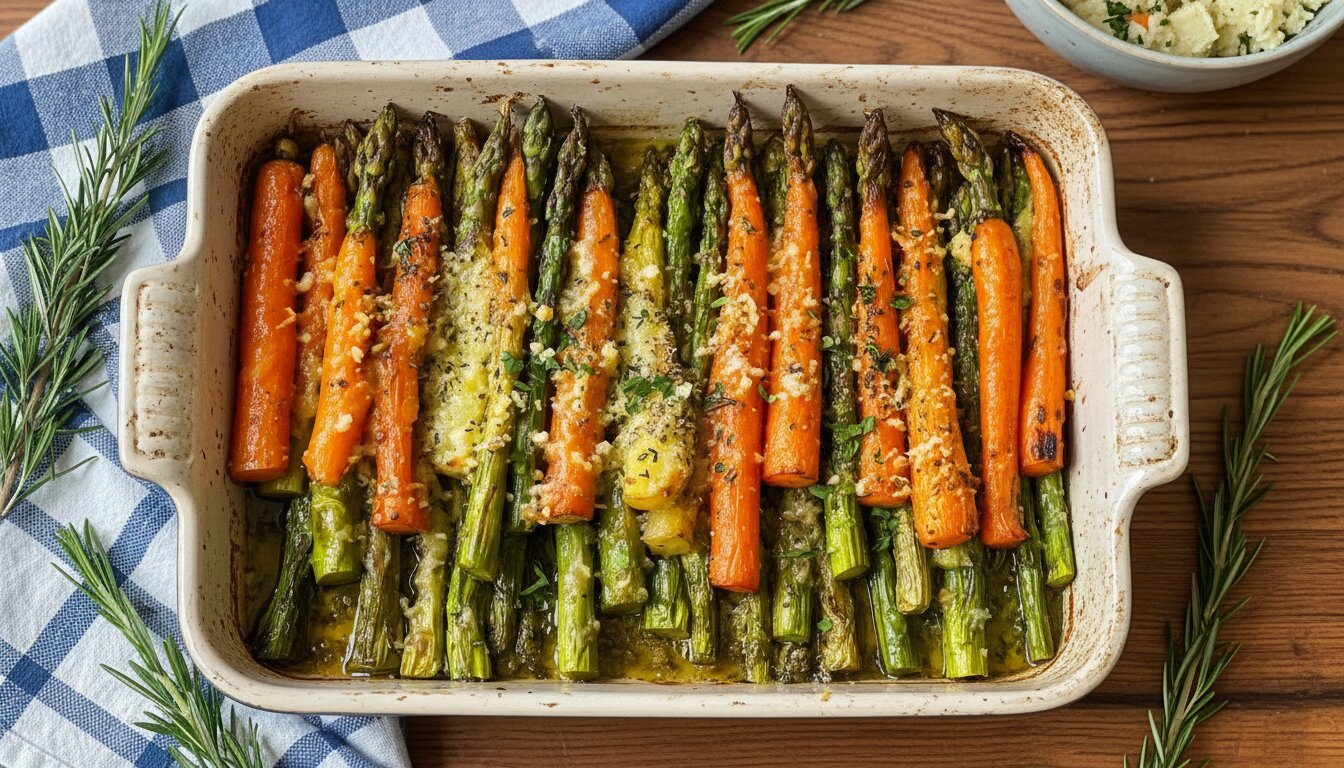A platter of roasted asparagus and carrots garnished with lemon and herbs.