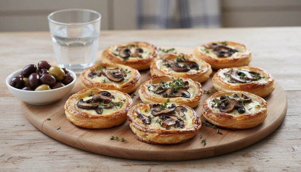 A party platter of mushroom and goat cheese tartlets with Mediterranean sides.